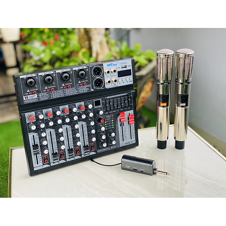 [tặng 2 dây canon hoa sen] Combo karaoke nghe nhạc nâng cấp âm thanh gia đình sân khấu siêu hay mixer MTMAX F79 Pro + Micro Không Dây AK95 (Loại 2 Mic) hàng nhập khẩu