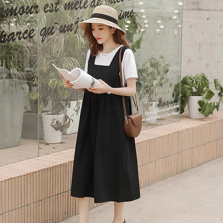 Váy bầu đen giả yếm phối trắng