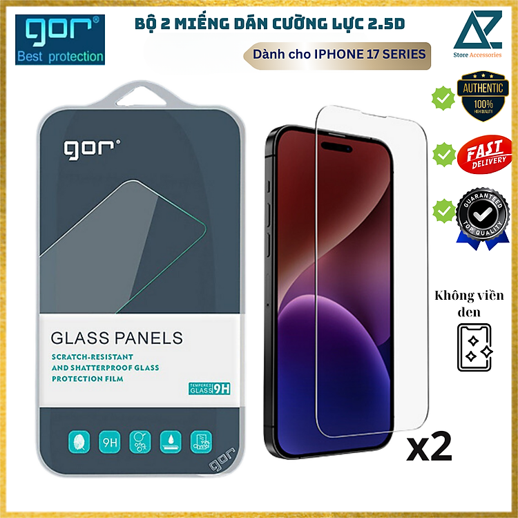Combo 2 Kính Cường Lực Gor Dành Cho iphone 17 Pro max/ 17 Pro/ 17 Air/ 17/ iPhone 16 Pro Max / iPhone 16 Pro / iPhone 16 Plus / iPhone 16/ iPhone 16e, không viền đen_ Hàng chính hãng