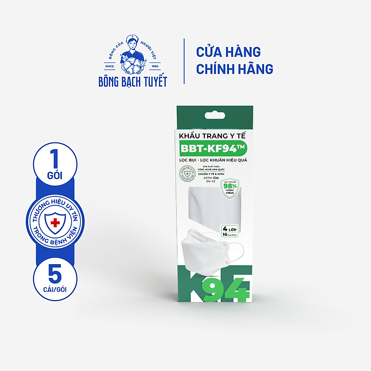 Combo 10 Gói Khẩu trang Bông Bạch Tuyết KF94 4 lớp trắng (10 cái/gói)