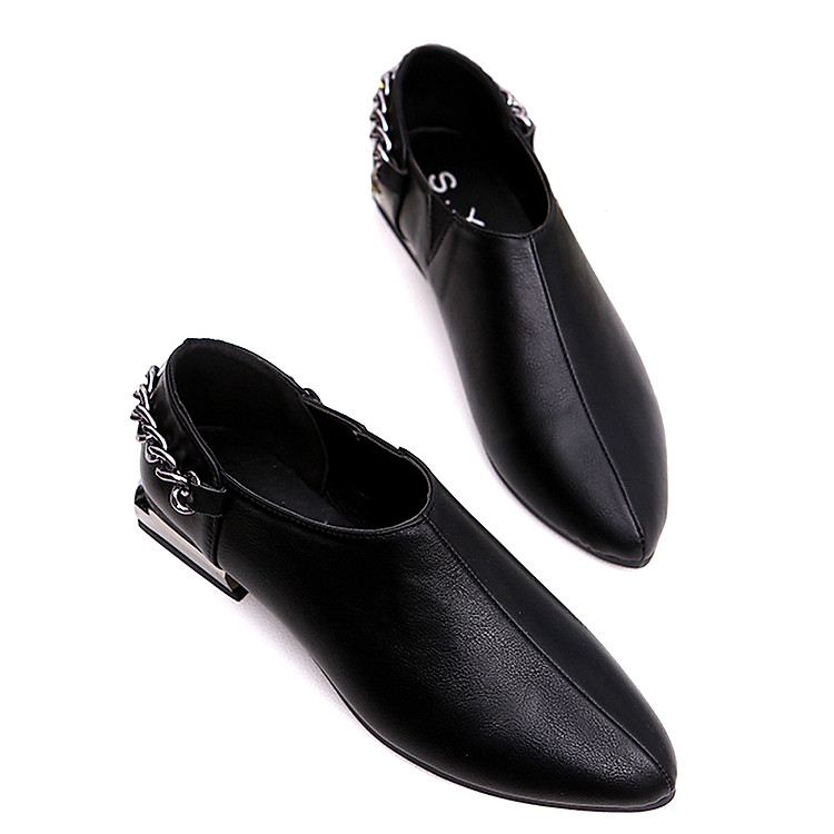 Giày lười bít mũi da pu có đính kèm dây xi đen cá tính-308 Đen