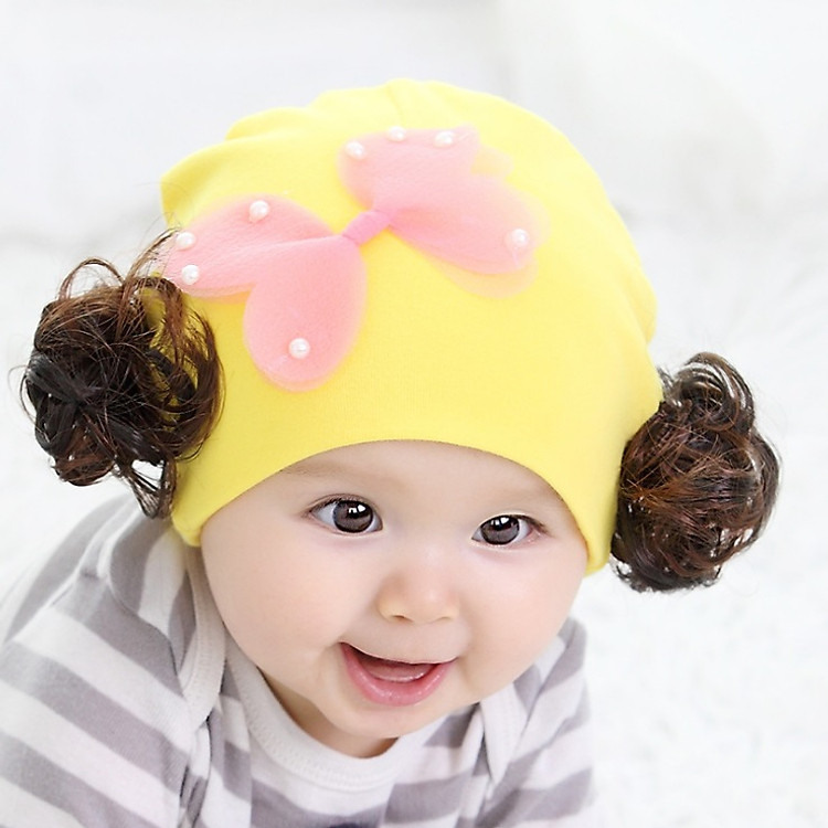 Nón Thun Tóc Giả Cho Bé Đính Cánh Bướm Hồng