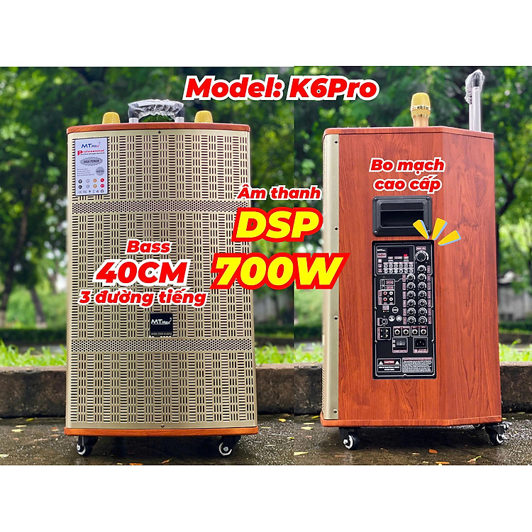 Loa Kéo MTMAX K6 Pro Chip DSP Hay Như Phòng Karaoke Chuyên Nghiệp, Dàn Karaoke Di Động, Loa 3 Đường Tiếng Bass 40cm Công Suất 700W Kèm 2 Micro UHF Cao Cấp, Nhẹ Hơi, Nâng Giọng...