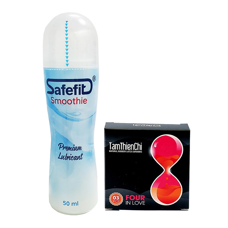 Gel bôi trơn gốc nước tiệt trùng Safefit chai 50ml và Bao cao su gân bi kéo dài thời gian Tâm Thiện Chí Four In Love hộp 3 cái