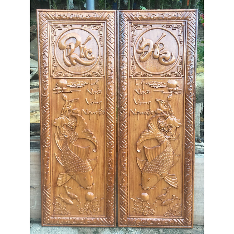 Cặp tranh LÝ NGƯ VỌNG NGUYỆT - CÁ CHÉP TRÔNG TRĂNG - kèm chữ PHÚC_ĐỨC gỗ GÕ ĐỎ