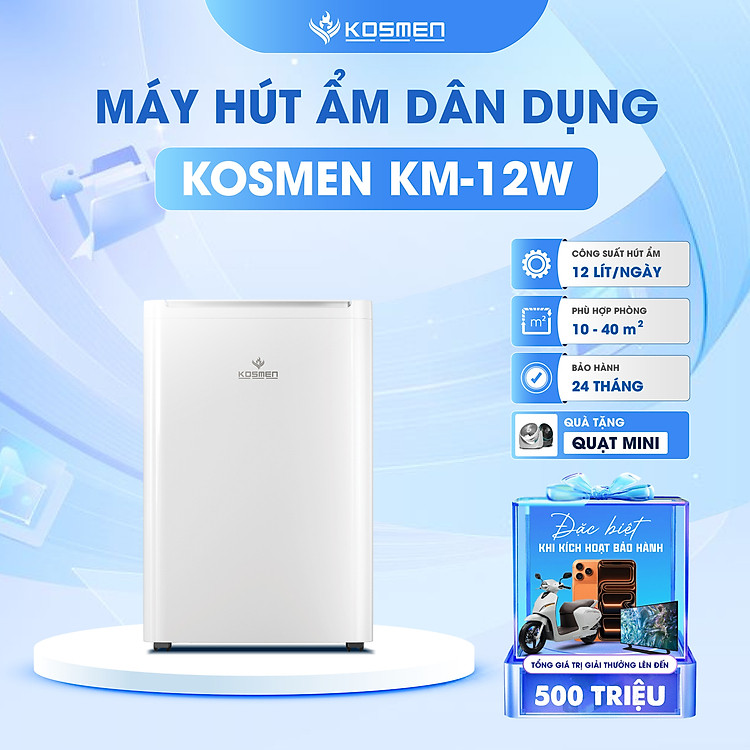 Máy Hút Ẩm Dân Dụng Kosmen KM-12W – 12L/Ngày, Vận Hành Êm Ái, Có Wifi & Sấy Quần Áo – Phòng 40m2 - Hàng Chính Hãng, Bảo Hành 2 Năm