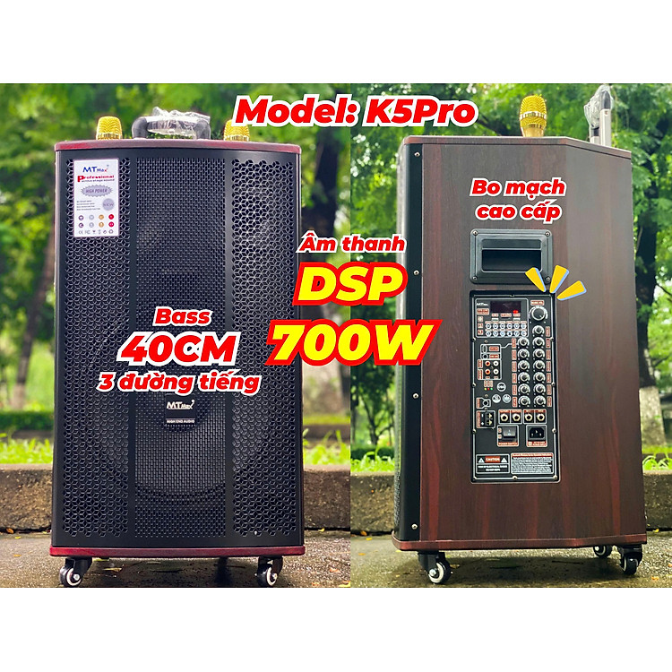 Loa Kéo MTMAX K5 Pro Chip DSP Hay Như Phòng Karaoke Chuyên Nghiệp, Dàn Karaoke Di Động, Loa 3 Đường Tiếng Bass 40cm Công Suất 700W Kèm 2 Micro UHF Cao Cấp, Nhẹ Hơi, Nâng Giọng...