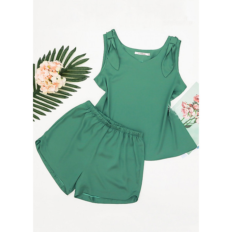 Đồ bộ mặc nhà lụa trơn ba lỗ nơ hai bên H066