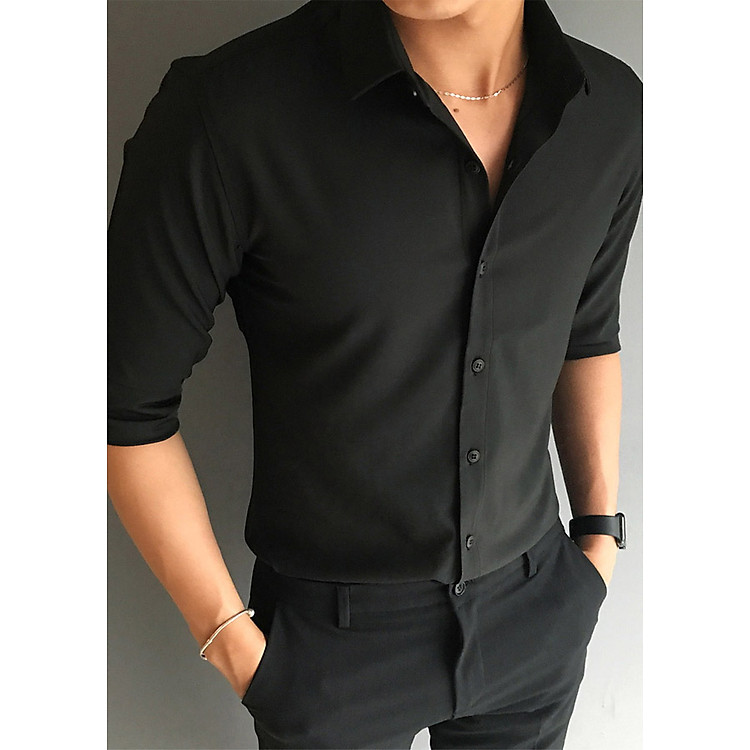 Áo Sơ Mi Nam Đen Trơn DENBE99 (Đen Bẻ)