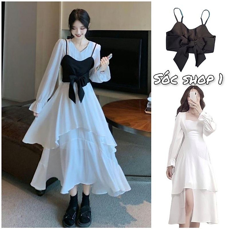 Sét váy nữ cổ vuông tiểu thư, Sét váy yếm 2 món kèm yếm tháo rời