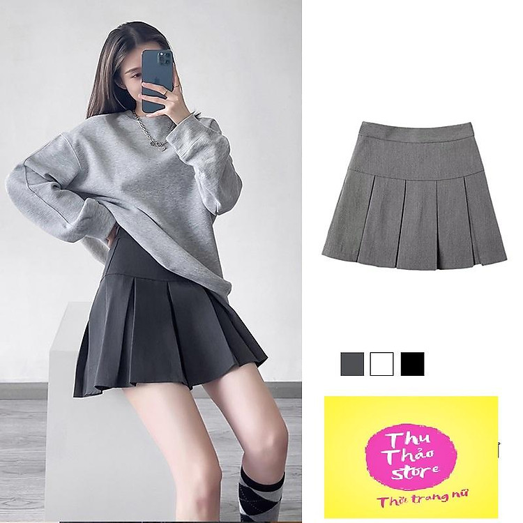 Chân váy xếp ly bản to màu xám và đen vải mềm đẹp co giãn phong cách Hàn Quốc