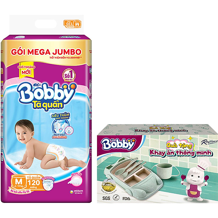 Tã Quần Bobby Siêu Thấm Khô Thoáng Mega Jumbo M120 - Tặng Khay Ăn Thông Minh
