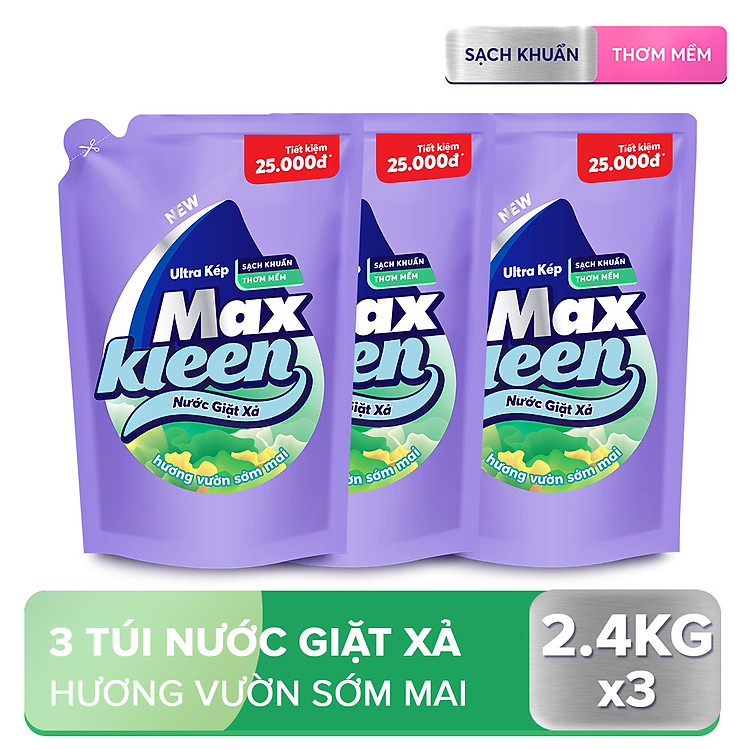 Combo 3 Túi Nước Giặt Xả Maxkleen Hương Vườn Sớm Mai (2.4kg/túi)