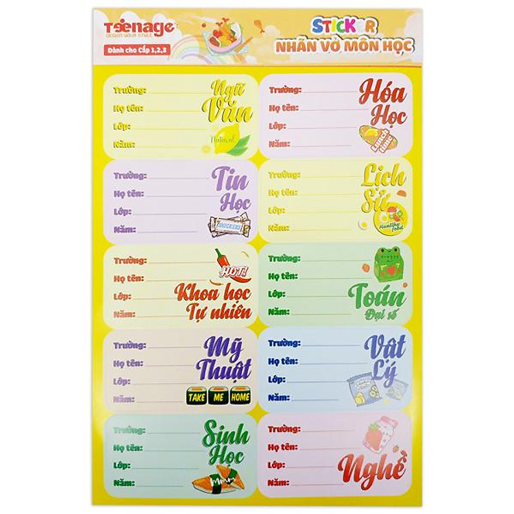 Sticker Nhãn Vở Môn Học Teenage NV-03 (Bộ 3)