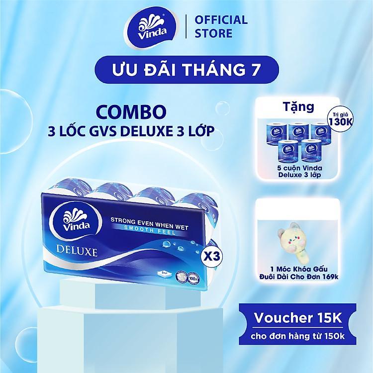 [MUA 3 LỐC GVS DELUXE TẶNG 5 CUỘN] Giấy vệ sinh cao cấp Vinda Deluxe 3 lớp (8 Cuộn)