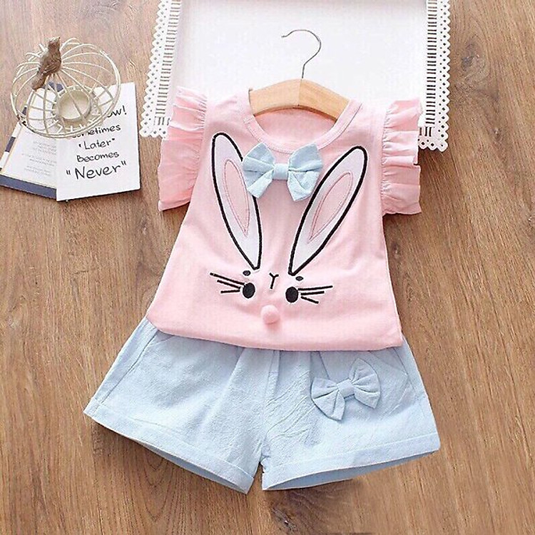 Bộ Quần Áo Tai Thỏ Hồng Xanh - Chất Cotton