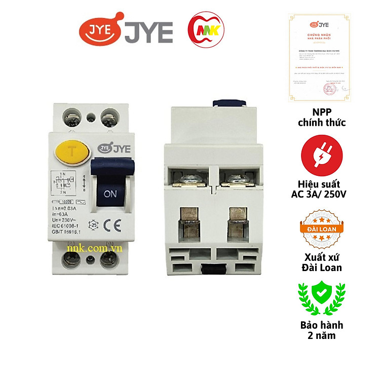Cầu dao chống rò, chống giật JY-362S 2P 16A, 20A, 25A, 32A, 40A, 50A, 63A 30mA JYE hàng chính hãng