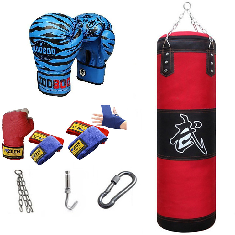 Combo vỏ bao cát đấm bốc boxing 4 lớp dài 105cm, Ø=35cm + Găng tay đấm bốc boxing hổ vằn + Băng đa cuốn tay - Tặng thêm 7 món bao gồm dây xích + móc treo + vít nở sắt + lót tay chân