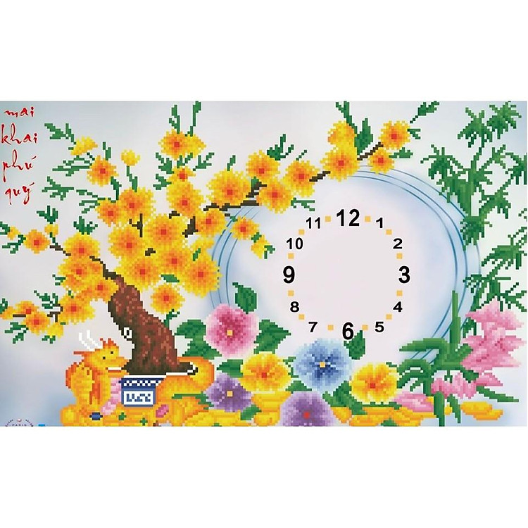 Tranh đính đá đồng hồ hoa mai vàng - LV344