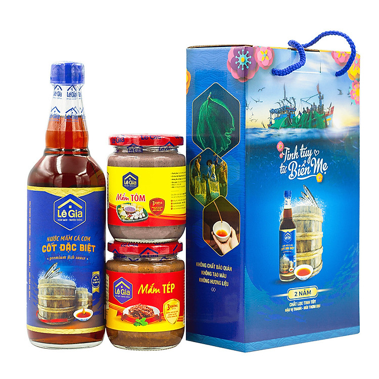 Hộp Quà Tặng Sang Trọng Mắm Lê Gia - MS 02 - Mắm Cốt Đặc Biệt, Mắm Tôm, Mắm Tép