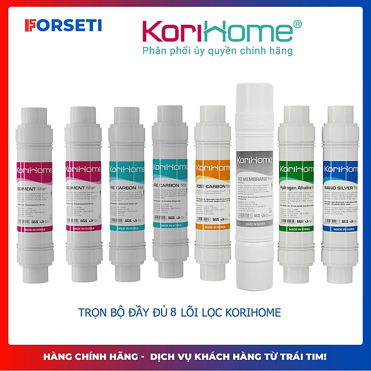 Bộ 8 lõi lọc Korihome chính hãng đầy đủ cho máy WPK-606 hệ lõi cắm nhanh