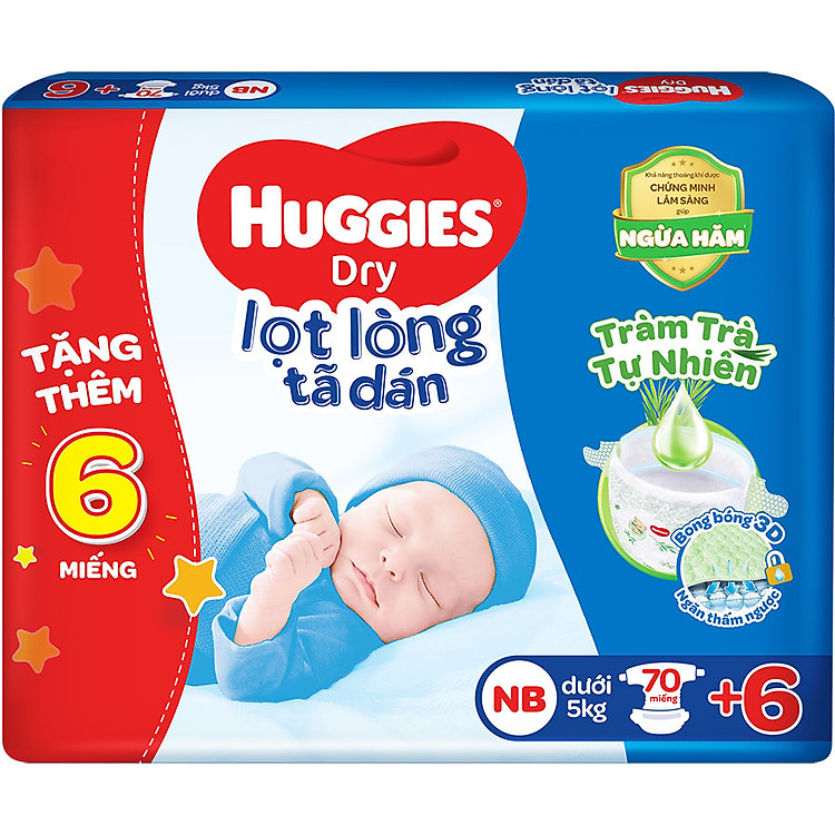 Tã dán sơ sinh Huggies Tràm Trà Tự Nhiên NB70 (dưới 5kg) - Gói 70 miếng + Tặng 6 miếng