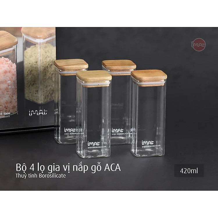 Bộ 4 lọ gia vị thuỷ tinh borosilicate ACA 420ml, nắp gỗ