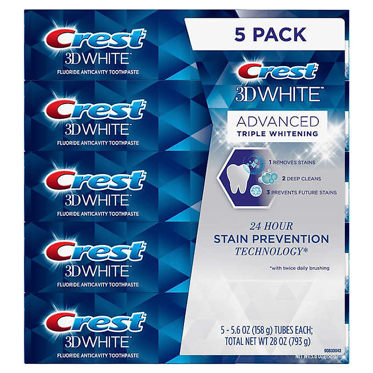 SET 5 TUÝP KEM ĐÁNH RĂNG CREST 3D WHITE ADVANCED TRIPLE WHITENING 158Gx5 HÀNG NHẬP MỸ KHÁNG KHUẨN TRẮNG RĂNG THƠM MIÊNG( MẪU MỚI )