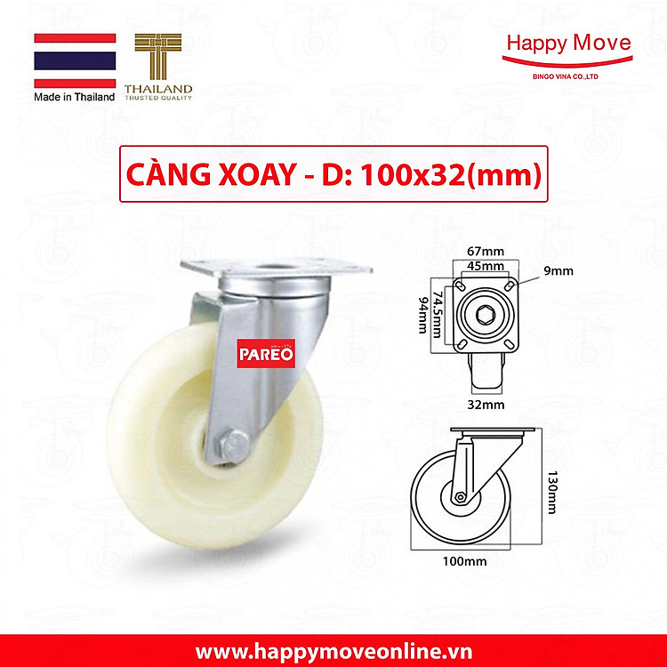 Bánh xe đẩy nhựa trắng PP Eco càng thép xoay 360 độ 75-100-125mm - Happy Move Thái Lan