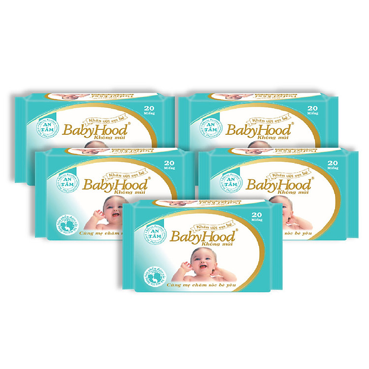 Combo 5 Gói Khăn Ướt Em Bé BabyHood Không Mùi (20 Tờ x 5)