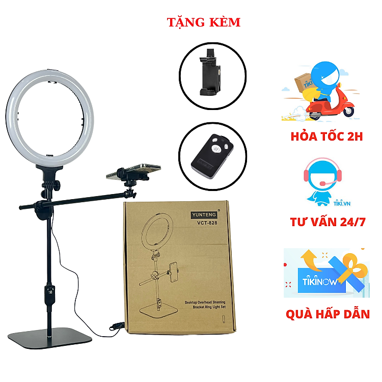 Bộ chân đế và đèn để bàn Yungteng VCT-828 hỗ trợ quay review sản phẩm - review nấu ăn - livestream để bàn -Hàng chính hãng