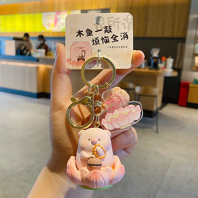 Móc Khóa Capybara Shiba Corgi Gấu Trúc Ngồi Hoa Sen Gõ Mõ Quà Tặng Móc Chìa Khóa_ Hàng chính hãng