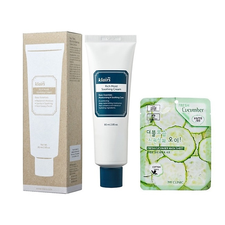 Kem Dưỡng Ẩm Chuyên Sâu, Phục Hồi, Làm Dịu Da Klairs Rich Moist Soothing Cream 80ml + Tặng Kèm 1 Mặt Nạ Dưỡng Da Dưa leo 3W Clinic
