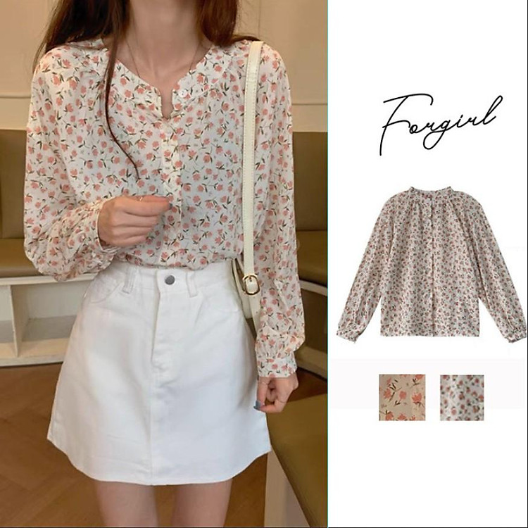 Áo sơ mi dài tay Chiffon Forgirl dáng rộng kiểu Hàn Quốc cổ tàu cho nữ