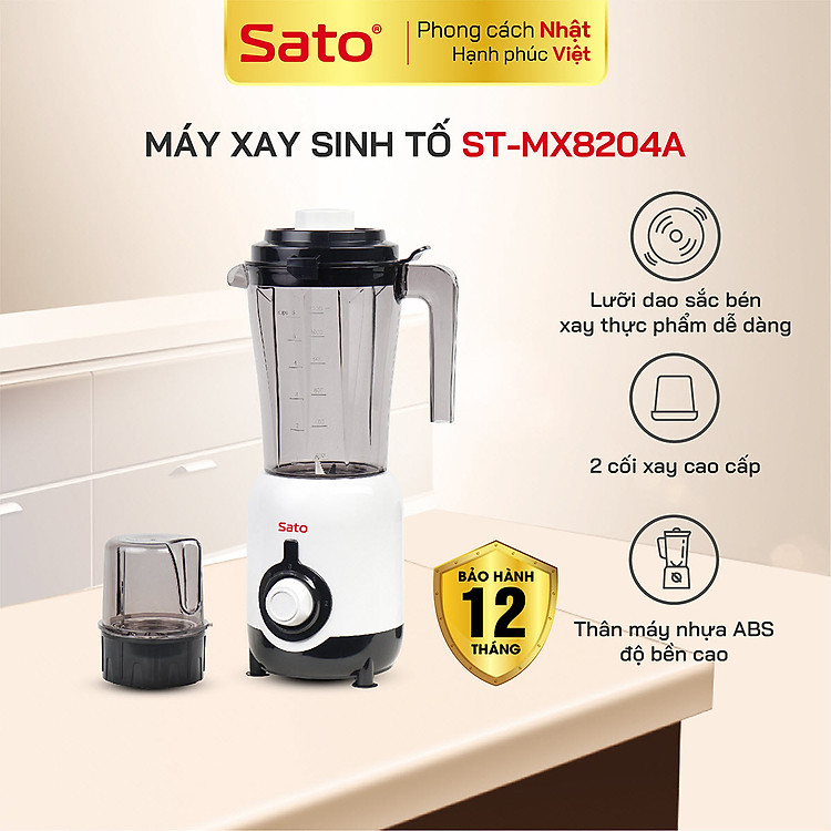 Máy xay sinh tố đa năng 2 cối SATO ST-MX8204A công suất 250W , dễ sử dụng, 2 dao inox không gỉ, xay nhuyễn, trộn, nghiền thức ăn, hoa quả, thiết kế tiện dụng, nhựa ABS, an toàn, tháo lắp, vệ sinh dễ dàng - Miễn phí giao hàng toàn quốc - Hàng Chính Hãng
