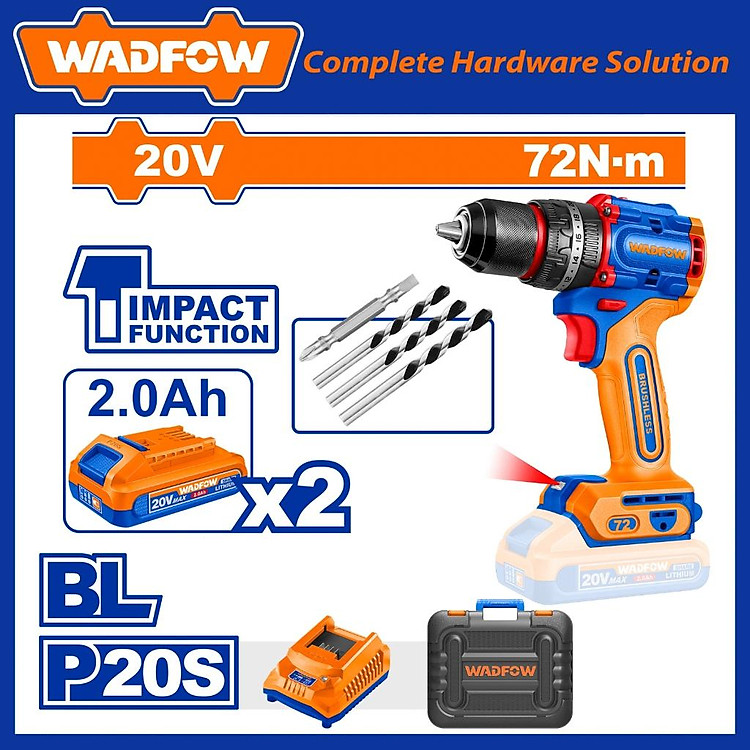 MÁY KHOAN BÚA NHỎ GỌN KHÔNG CHỔI THAN DÙNG PIN 20V-72NM WADFOW WCDP7281 - HÀNG CHÍNH HÃNG