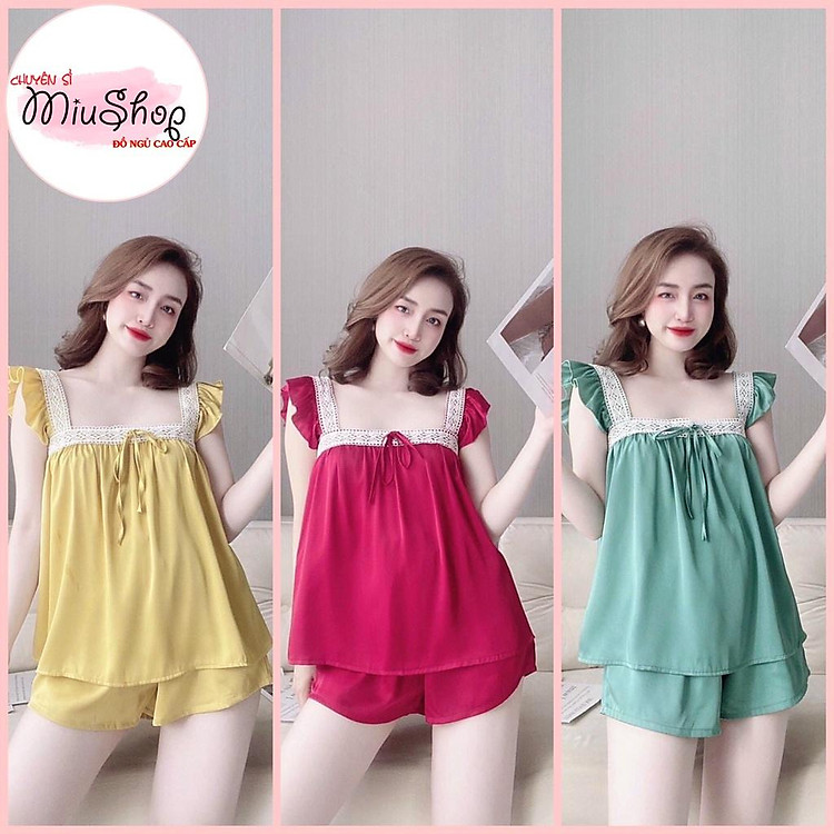 sét đồ ngủ 2 tay cánh tiên phối ren quần đùi, đồ bộ satin cao cấp