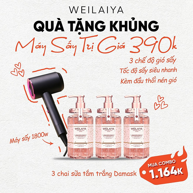 Combo 3 chai Sữa tắm nước hoa, trắng da toàn thân Damask Weilaiya chiết xuất cánh hoa hồng phù hợp cho mọi loại da 450ml