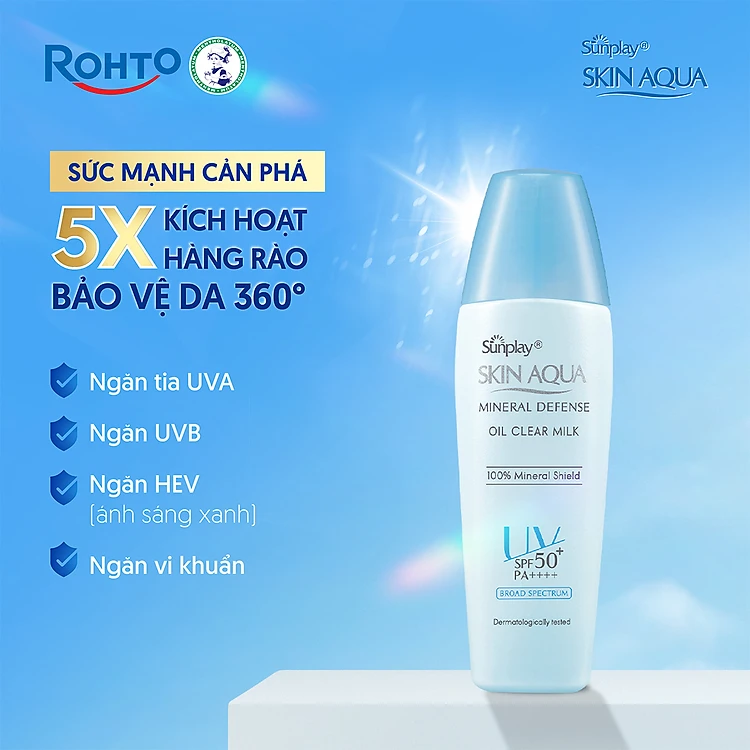 Kem chống nắng vật lý Skin Aqua kiềm dầu, dạng sữa dùng hàng ngày Sunplay Skin Aqua Mineral Defense Oil Clear Milk SPF50+ PA++++ 25g