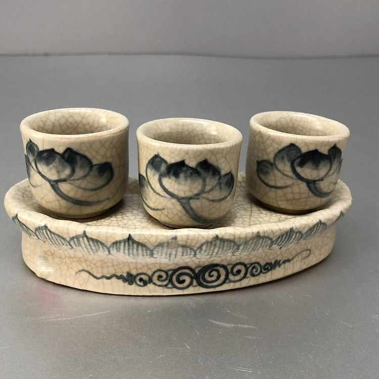 Bộ khay nước cúng 3ly bằng gốm gốm men rạn vẽ sen