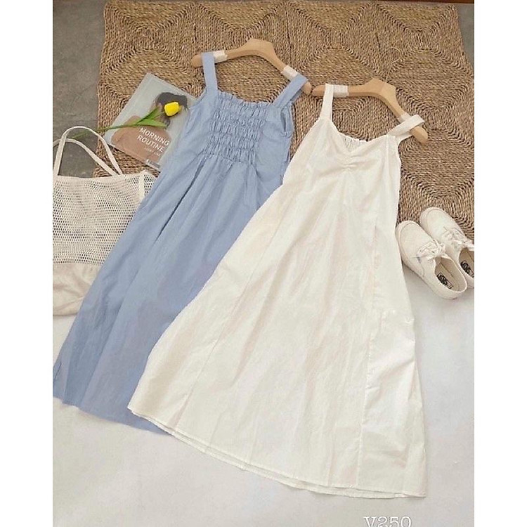 Váy hai dây nhún ngực chun sau lưng Đầm nữ tiểu thư dáng dài qua gối