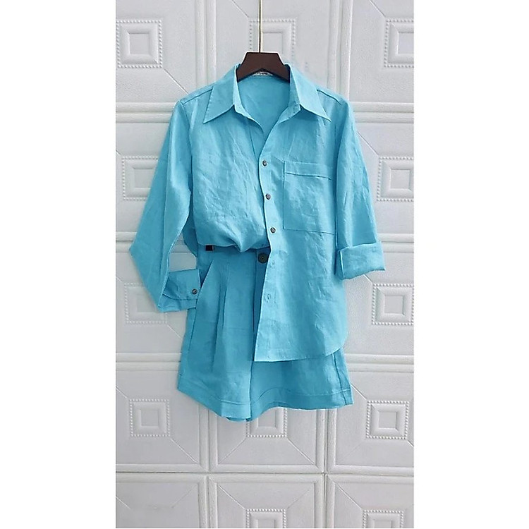 Set LINEN PREMIUM Áo somi tay dài + short, Fullsize. 14 MÀU. Hình thật. Haint Boutique