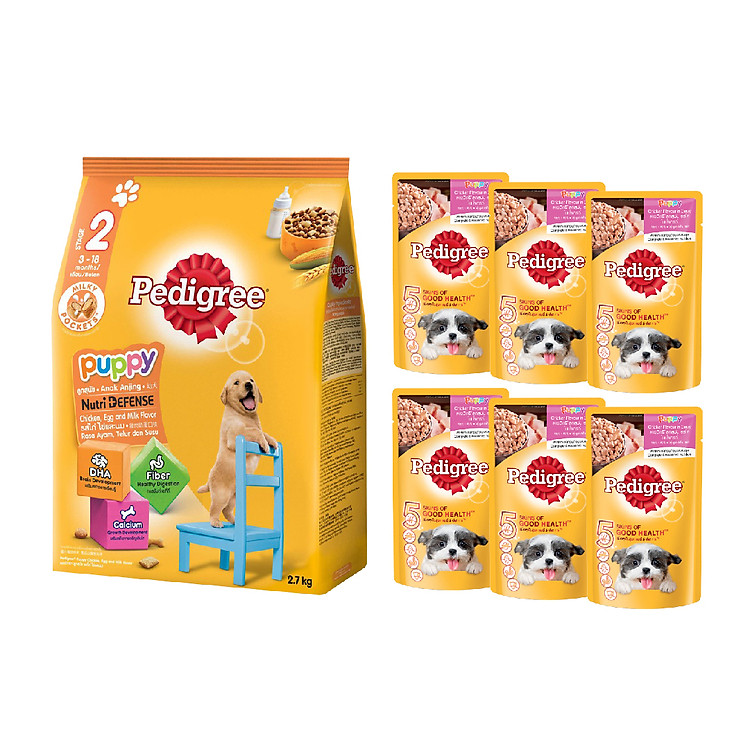 Bộ thức ăn cho chó con dạng hạt Pedigree vị gà, trứng và sữa 2.7kg + 6 túi thức ăn dạng sốt vị gà 130g/túi