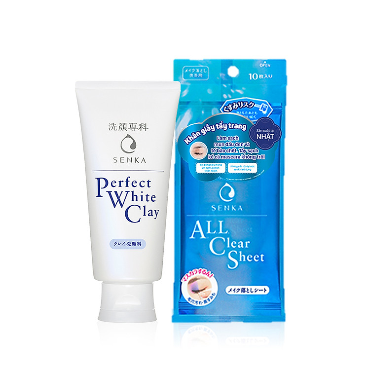 Bộ sản phẩm Senka làm sạch da dưỡng trắng tiện lợi (Sữa Rửa Mặt Tạo Bọt Chiết Xuất Đất Sét Trắng Senka Perfect White Clay 120g + Khăn giấy tẩy trang 10 miếng Senka Cleansing Sheet)
