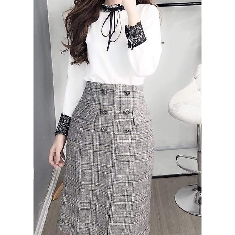 Set công sở chân váy bố kết hợp áo voan họa tiết ren tỉ mỉ