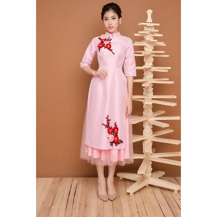 Bộ Áo Dài Cách Tân Chân váy Xòe Thêu Hoa Màu Hồng Siêu Đẹp Và Ngọt Ngào