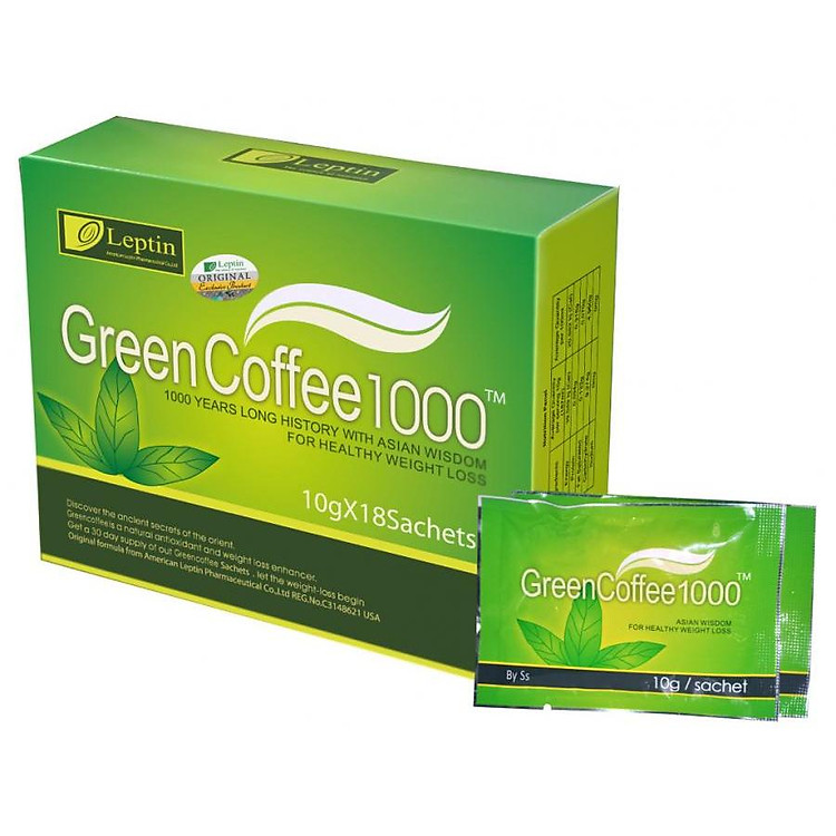Thực Phẩm Chức Năng Cà phê xanh giảm cân tan mỡ Green coffee Leptin 1000 chính hãng từ Mỹ ( 18 gói / hộp)