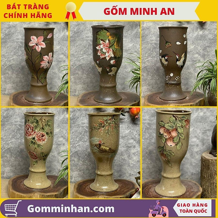 Bình Hoa Lọ Hoa Dáng Cao Gầy Men Mộc Vẽ Hoa Văn - Gốm Sứ Bát Tràng- Gốm Minh An- Lọ Hoa Đẹp