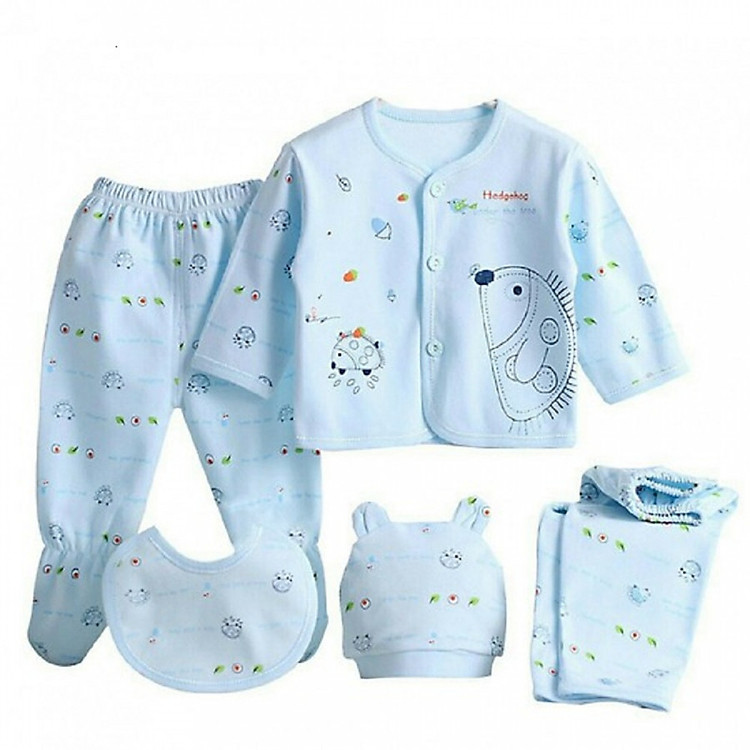 Bộ sơ sinh 5 chi tiết cotton cho bé màu xanh ( Hoạ tiết giao ngẫu nhiên)