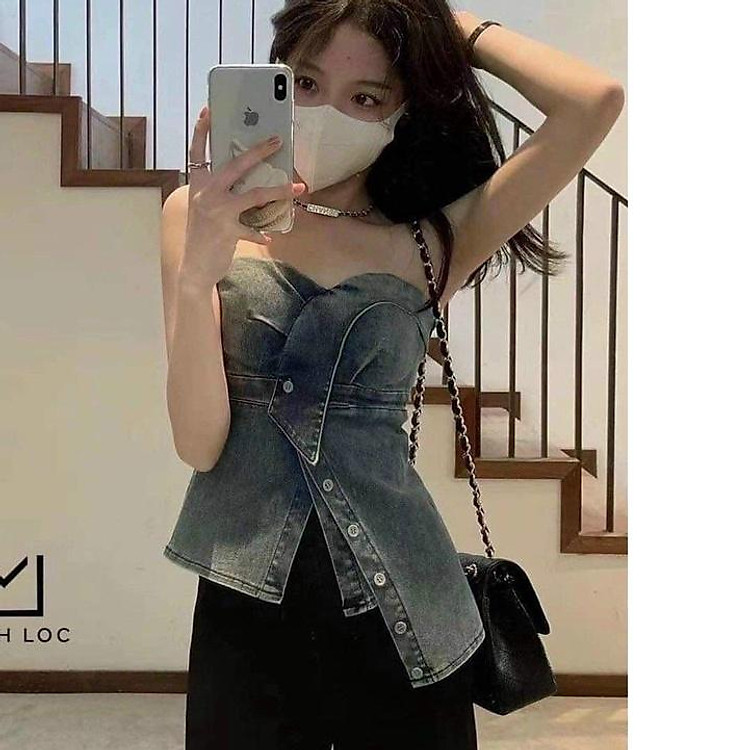 áo ống jean cúp ngực, áo kiểu quây xẻ body nhún lưng kiểu hàn quốc tôn dáng A251